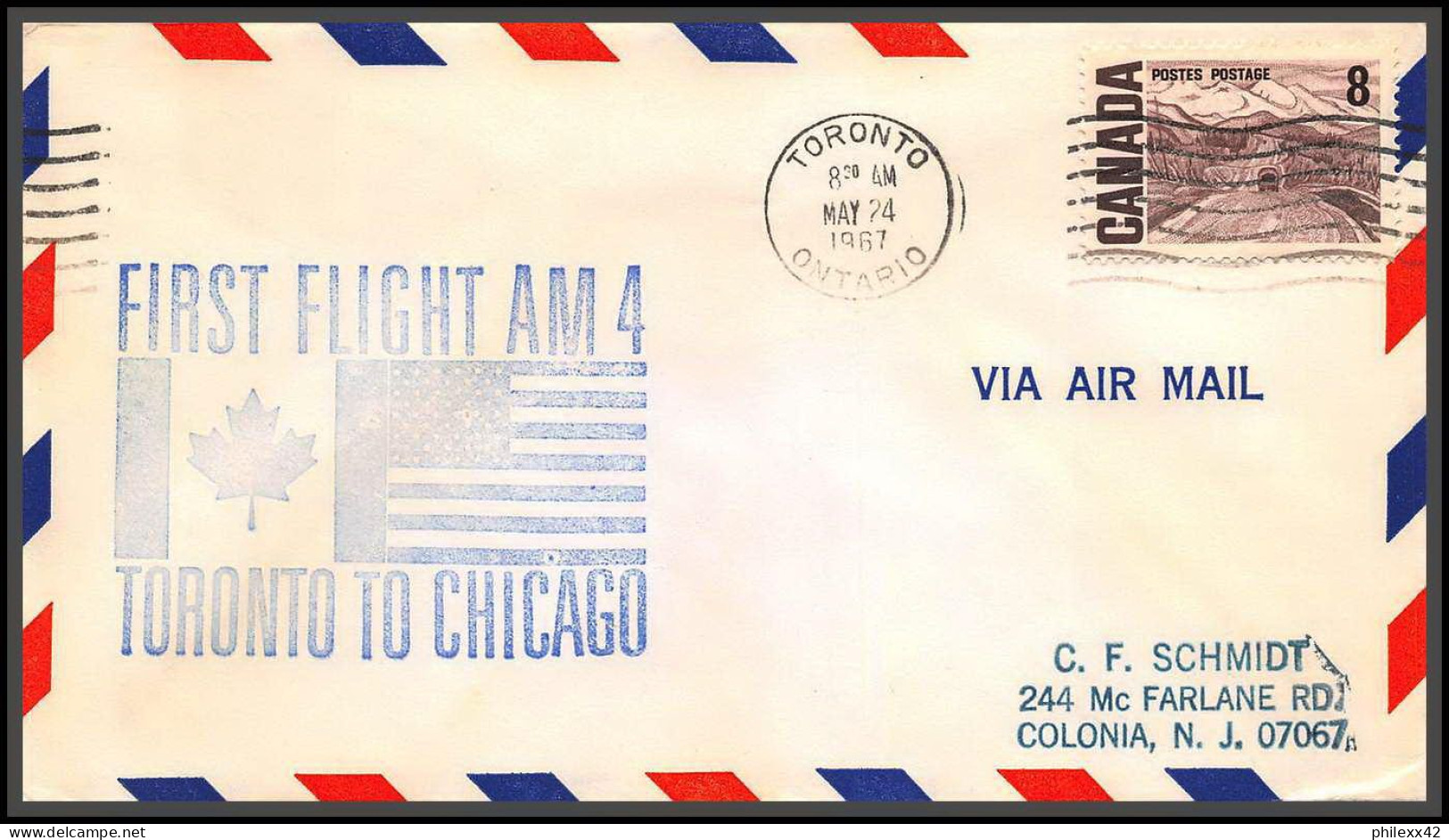 12710 Am 4 Toronto Chicago 24/5/1967 Premier Vol First Flight Lettre Airmail Cover Canada - Aviones