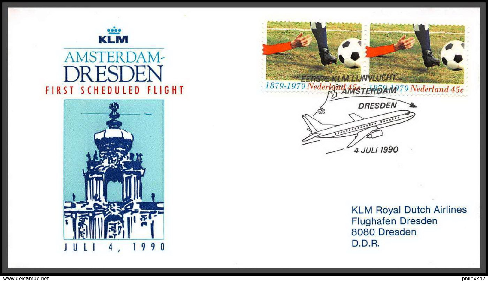 12708 Klm Amsterdam Dresden 4/7/1990 Premier Vol First Flight Lettre Airmail Cover Nederland Pays Bas - Aviones