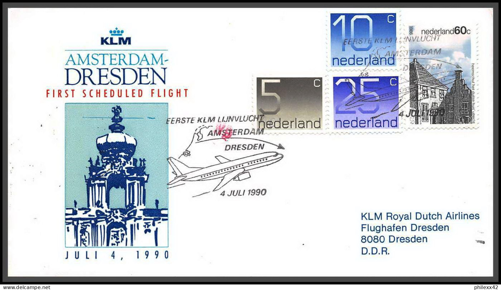 12707 Klm Amsterdam Dresden 4/7/1990 Premier Vol First Flight Lettre Airmail Cover Nederland Pays Bas - Aviones