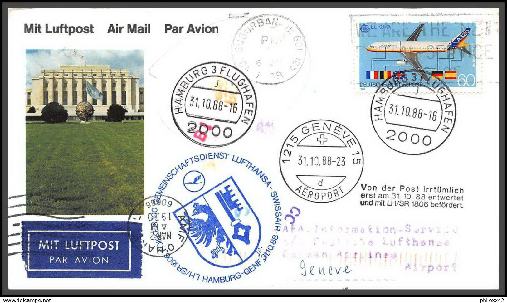 12696 Hamburg Geneve Suisse 31/10/1988 Lufthansa Premier Vol First Flight Lettre Airmail Cover Allemagne Germany Bund  - Aviones