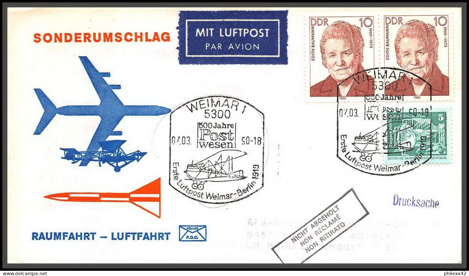 12697 Dubendorf Weimar 12/3/1990 Raumfahrt Espace (space) Flight Lettre Airmail Cover Allemagne Germany Bund Luftfahrt - Aviones