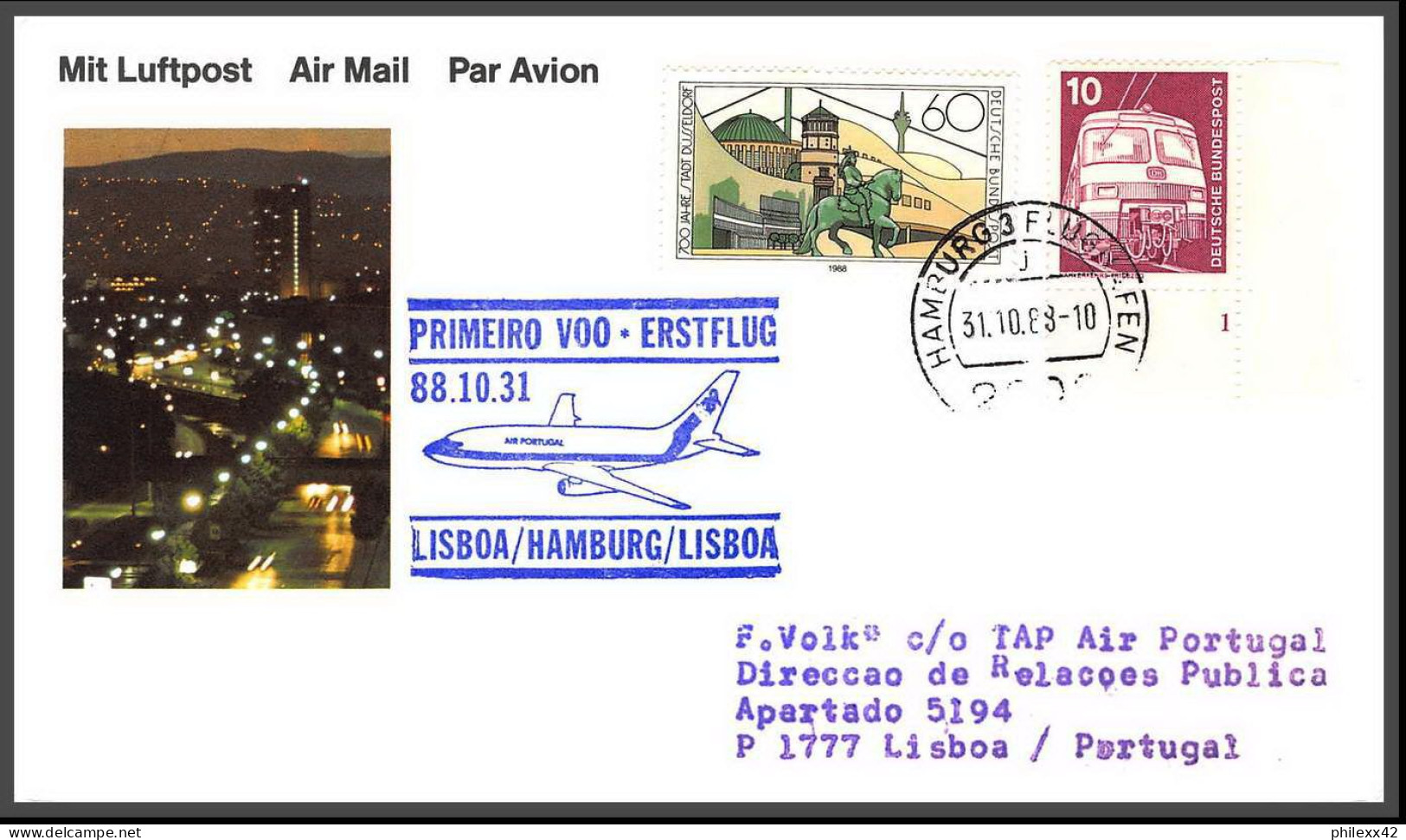 12691 Lisboa Hamburg Lisboa Portugal 31/10/1988 Premier Vol First Flight Lettre Airmail Cover Allemagne Germany Bund  - Aviones