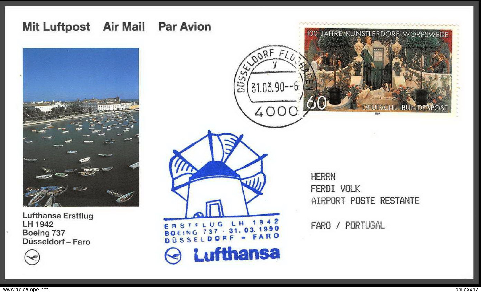 12690 Boeing 737 Dusseldorf Faro Portugal 31/03/90 Lufthansa Premier Vol First Flight Lettre Airmail Cover Allemagne - Aviones