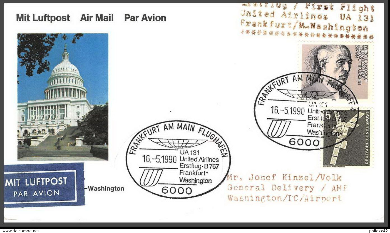 12689 United Airlines Frankfurt Washington 16/5/1990 Premier Vol First Flight Lettre Airmail Cover Allemagne Germany - Aviones