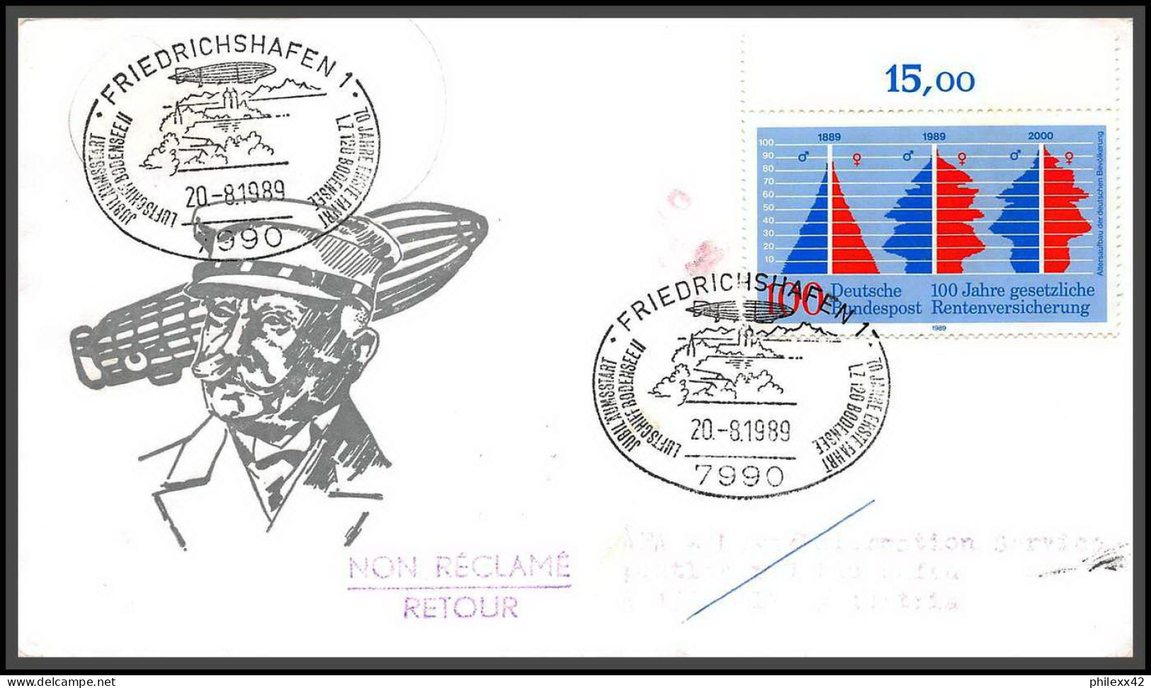 12699 Graf Zeppelin 20/8/1989 Friedrichshafen Wien Austria Premier Vol First Flight Lettre Airmail Cover Allemagne Bund - Zeppelines