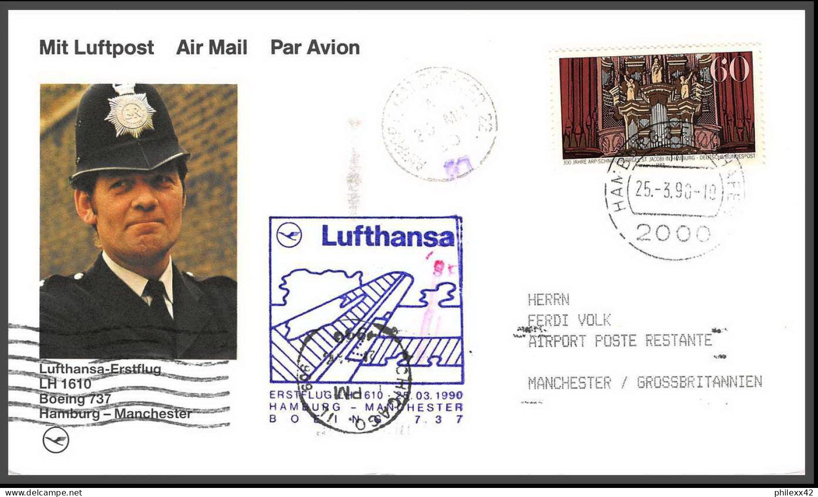 12688 Boeing 737 Hamburg Manchester 25/3/1990 Lufthansa Premier Vol First Flight Lettre Airmail Cover Allemagne Germany  - Aviones