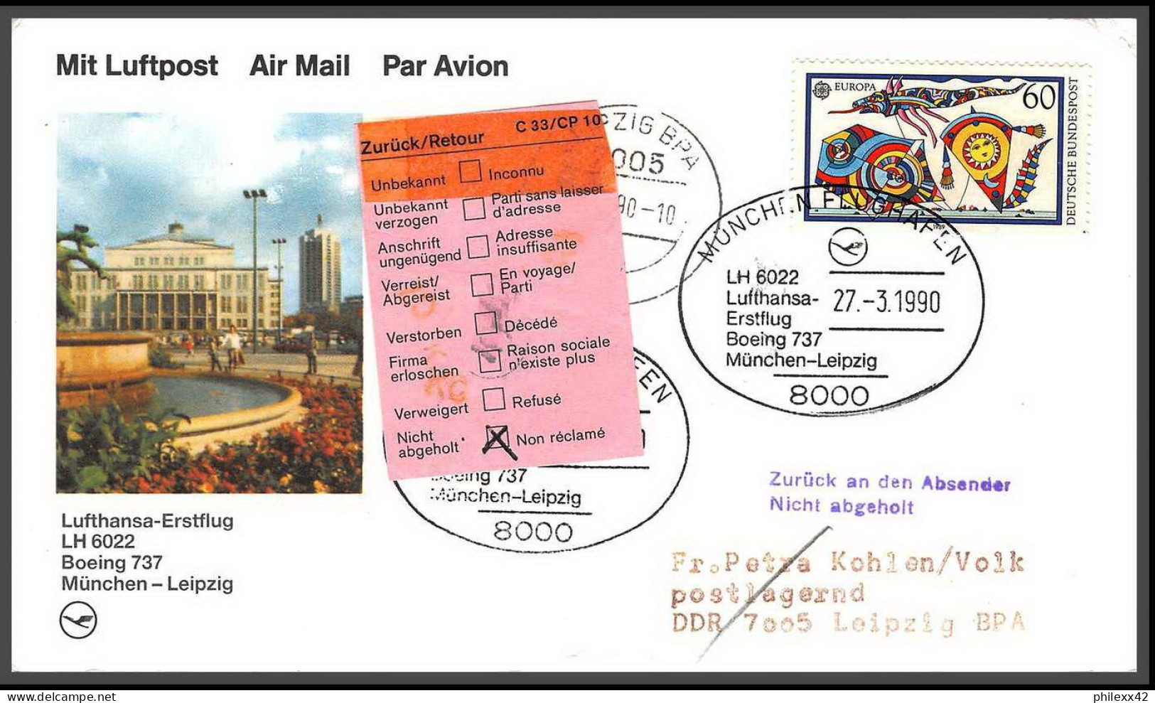 12687 Boeing 737 Munchen Leipzig 27/3/1990 Lufthansa Premier Vol First Flight Lettre Airmail Cover Allemagne Germany - Aviones