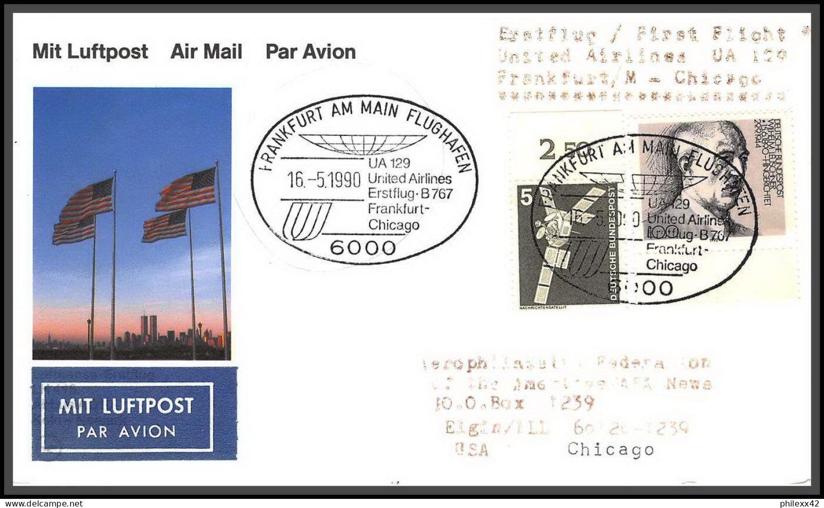 12685b United Airlines Frankfurt Chicago Usa 16/5/1990 Premier Vol First Flight Lettre Airmail Cover Allemagne Germany - Aviones