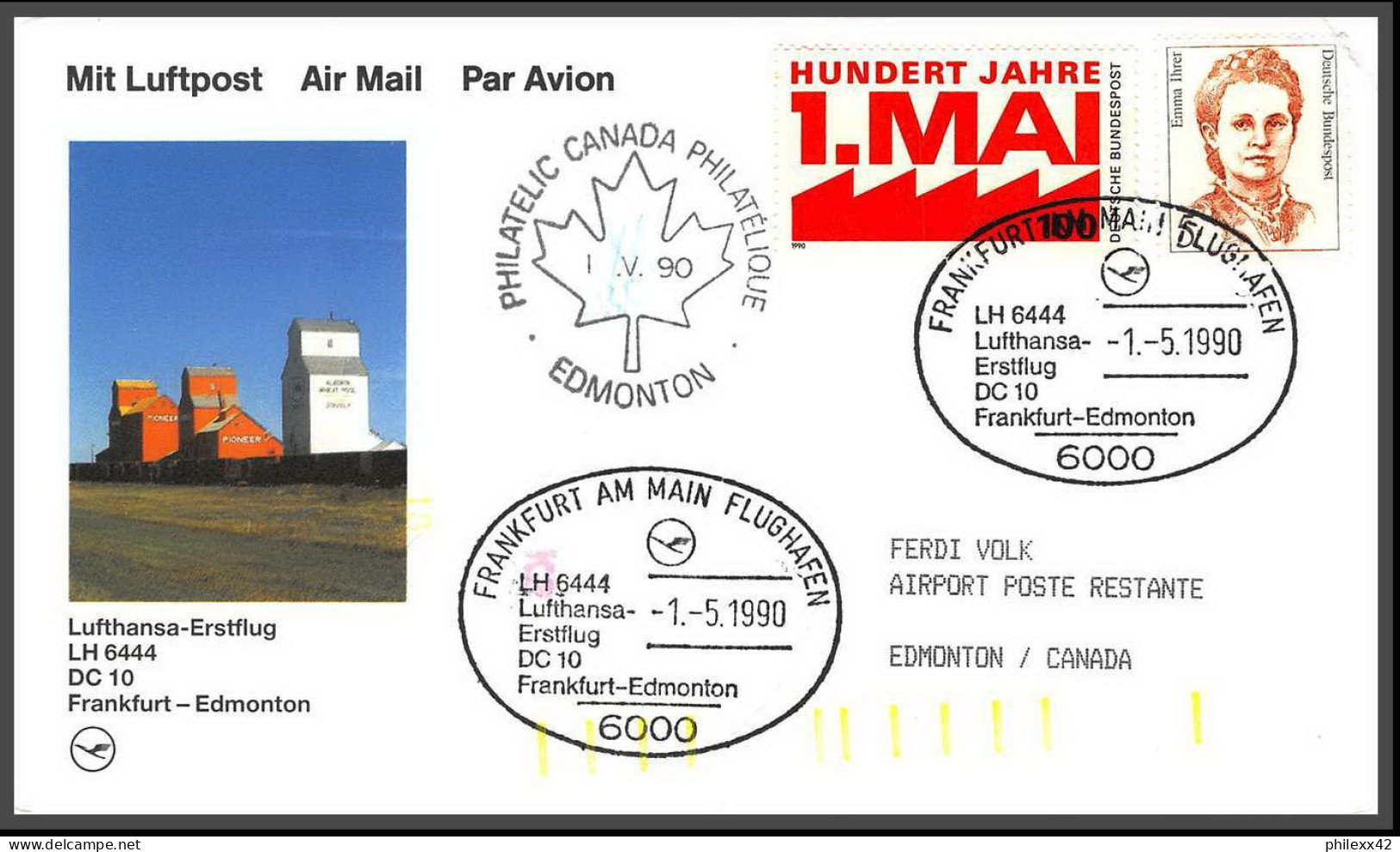 12680 Dc 10 Frankfurt Edmonton Canada 1/5/1990 Lufthansa Premier Vol First Flight Lettre Airmail Cover Allemagne Germany - Aviones