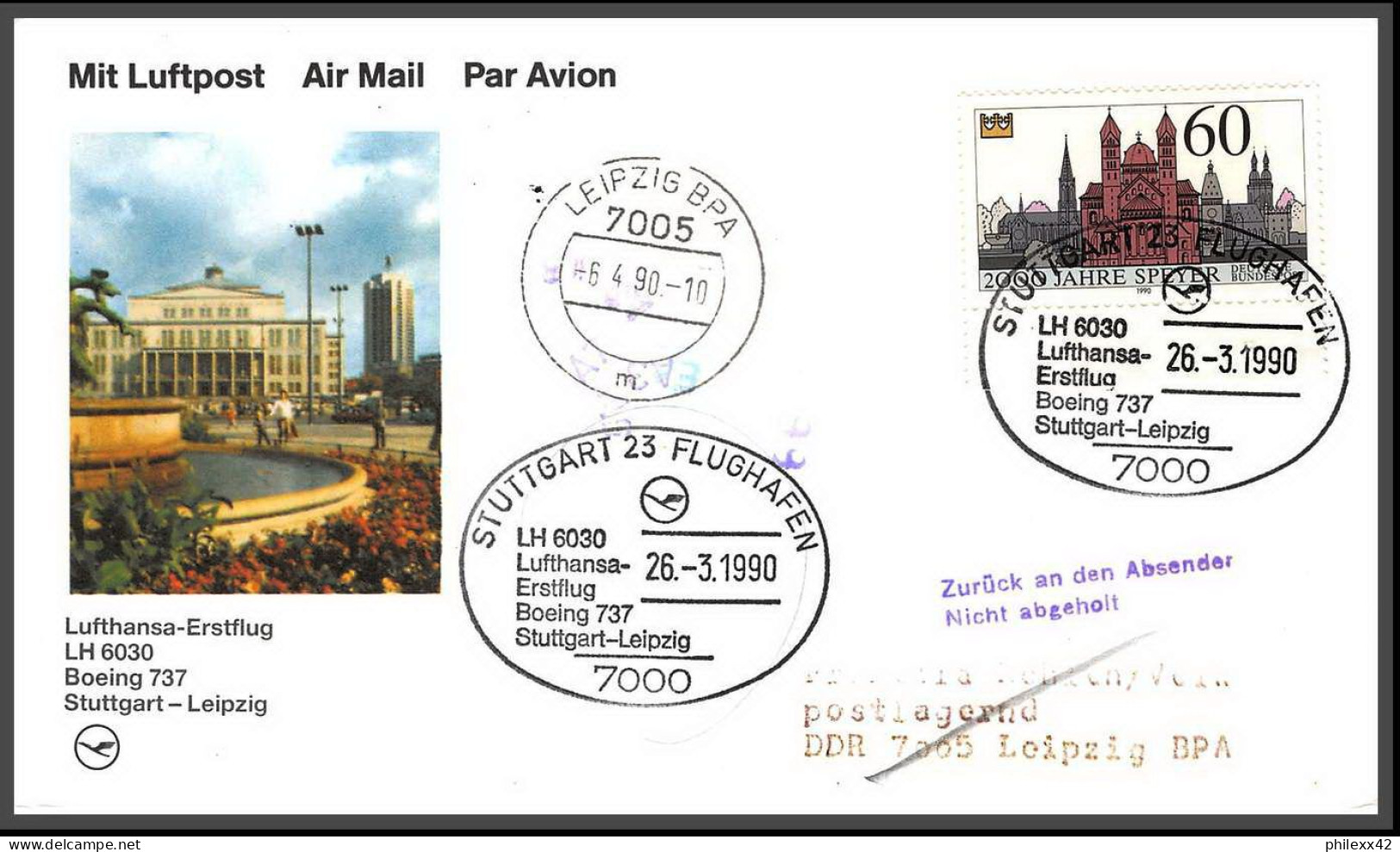 12678 Boeing 737 Stuttgart Leipzig 6/4/1990 Lufthansa Premier Vol First Flight Lettre Airmail Cover Allemagne Germany - Aviones