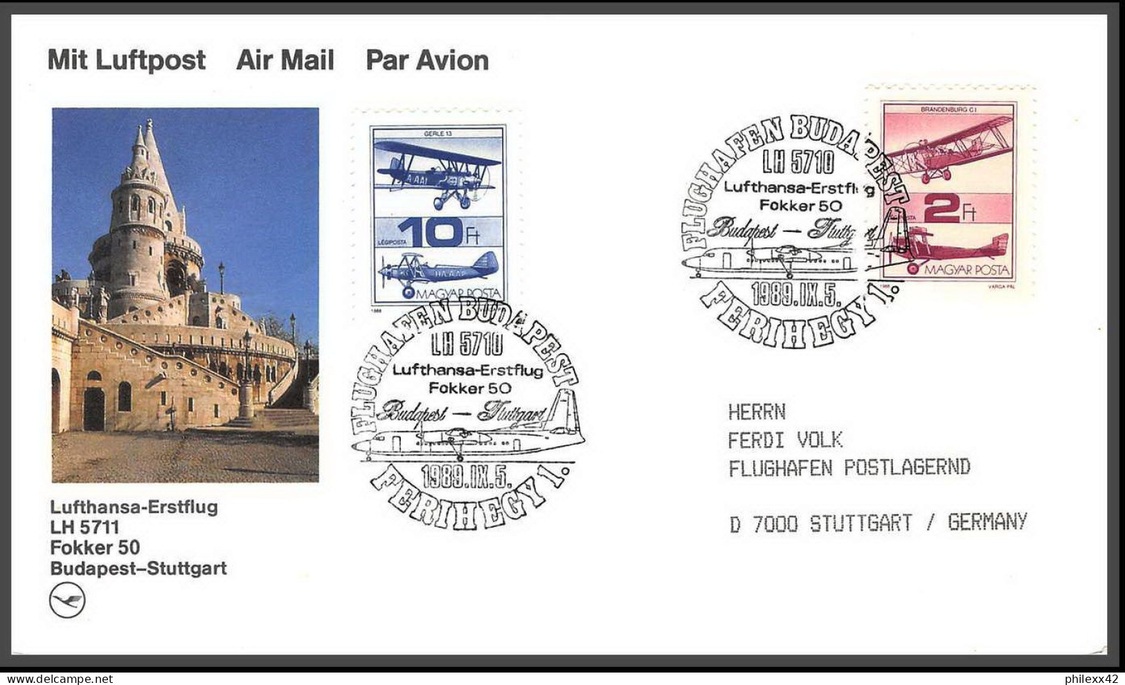 12675 Lufthansa Budapest Stuttgart 5/9/1989 Premier Vol First Flight Lettre Airmail Cover Allemagne Germany Bund  - Aviones