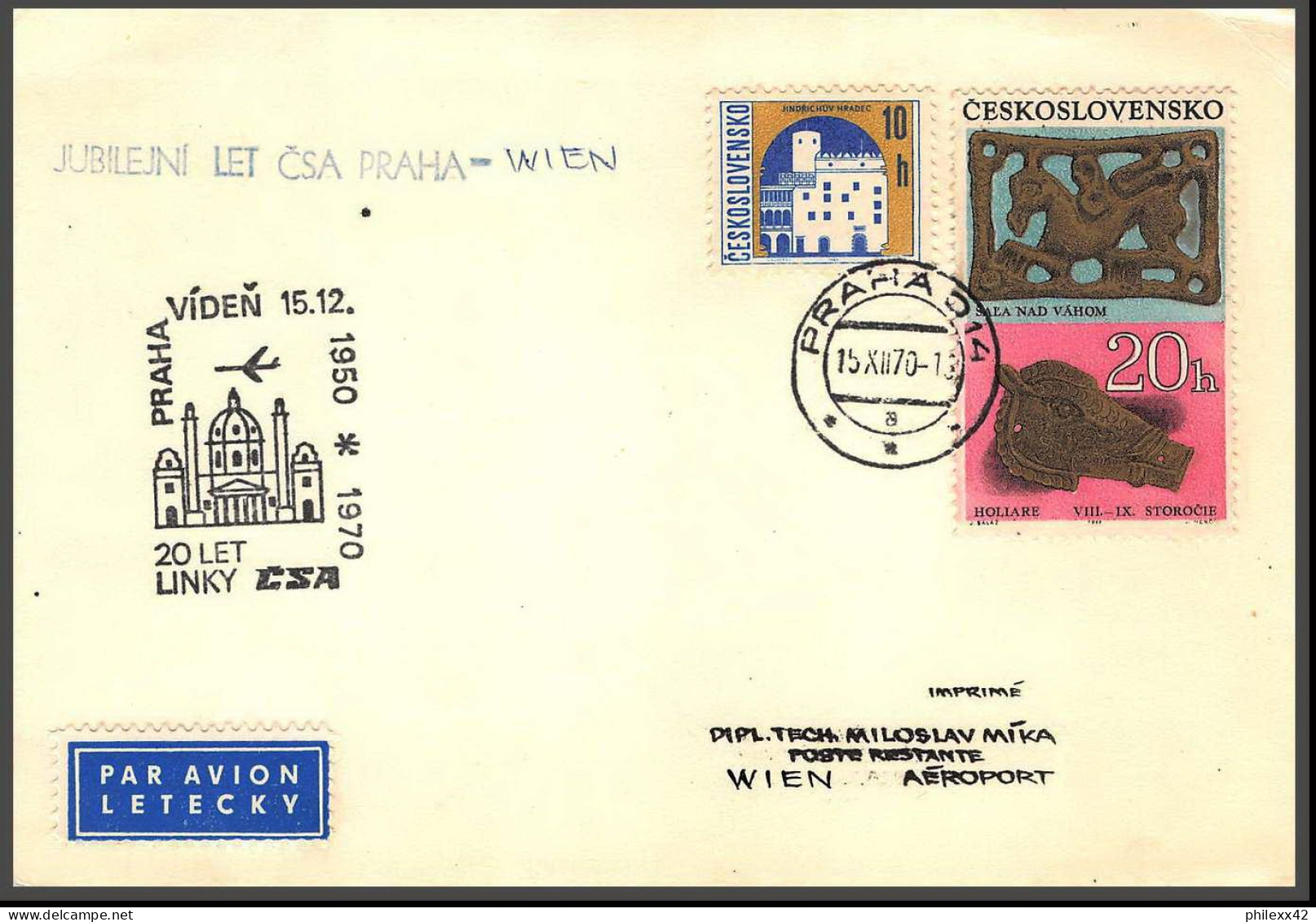 12673 Praha Wien 15/12/1970 Premier Vol First Flight Lettre Airmail Cover Ceskoslovensko Tchécoslovaquie - Aviones