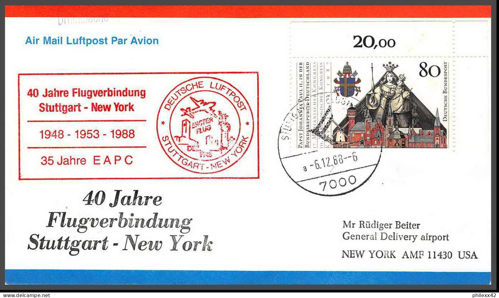 12676 40 Jahre Flugverbindung Stuttgart New York 6/12/1988 Premier Vol First Flight Lettre Airmail Cover Allemagne - Aviones