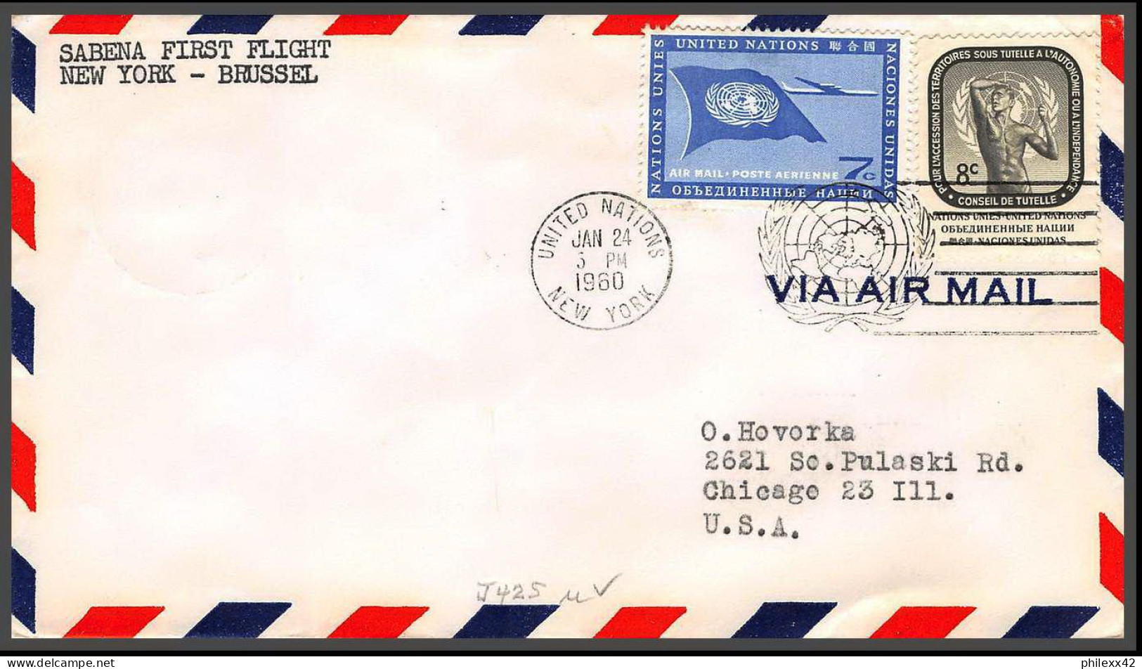 12664 SABENA 24/1/1960 Premier Vol First Flight Lettre Airmail Cover Usa New York Brussel Belgique United Nations  - Aviones