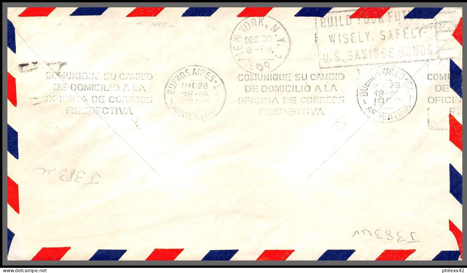 12656 Tsa Trancontinental 21/12/1959 Premier Vol First Flight Lettre Usa New York Buenos Aires Argentina United Nations - Airplanes