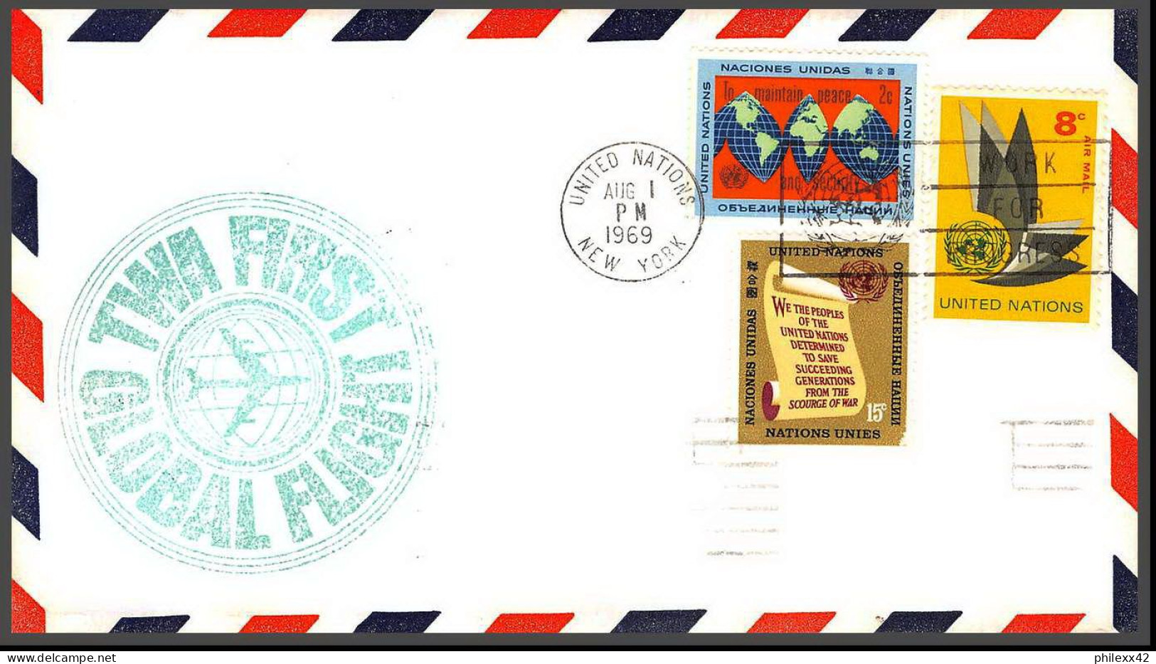 12654 Twa 1/8/1969 Premier Vol First Global Flight Lettre Airmail Cover Usa New York Los Angeles United Nations Aviation - Airplanes