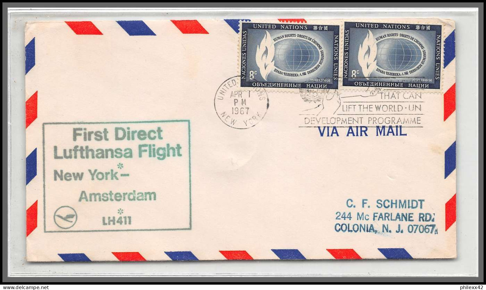12650 1/4/1967 Premier Vol First Flight Lettre Airmail Cover Usa New York Amserdam Nederland United Nations Aviation - Aviones