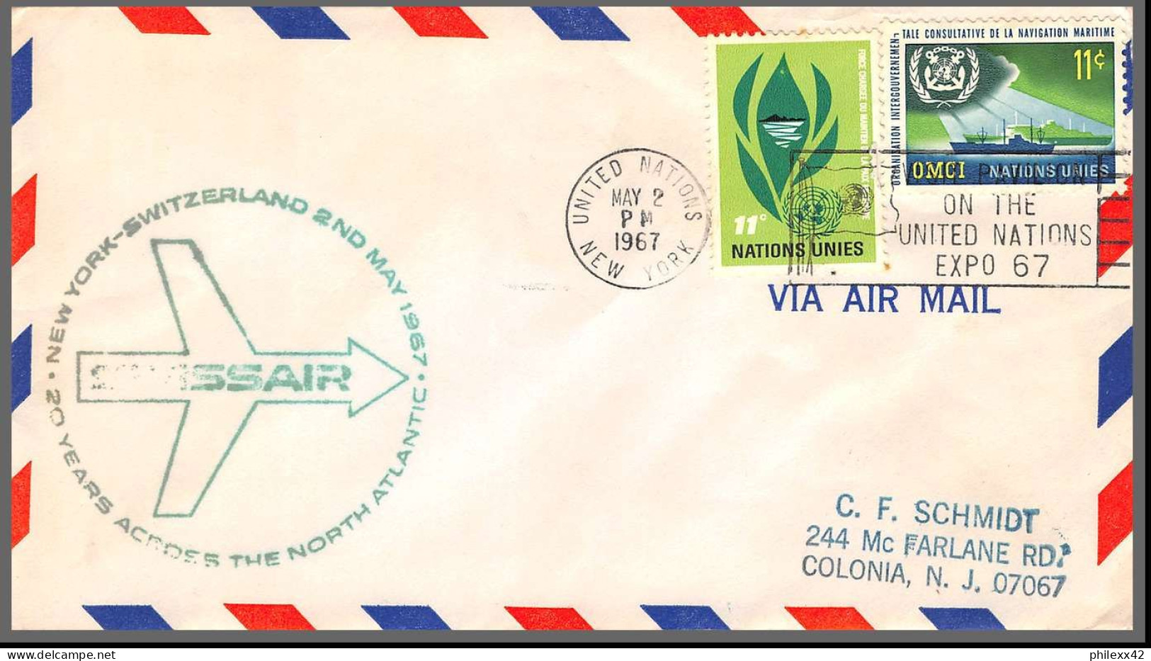 12647 Swissair 2/5/1967 Premier Vol First Flight Lettre Airmail Cover Usa New York Switzerland Zurich United Nations - Airplanes