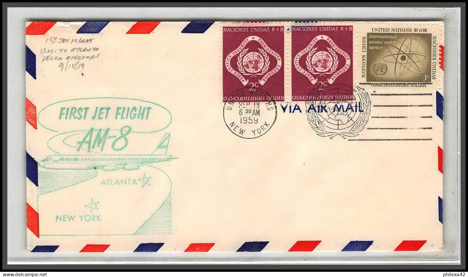 12655 Am 8 18/9/1959 Premier Vol First Flight Lettre Airmail Cover Usa New York Atlanta United Nations Aviation - Airplanes