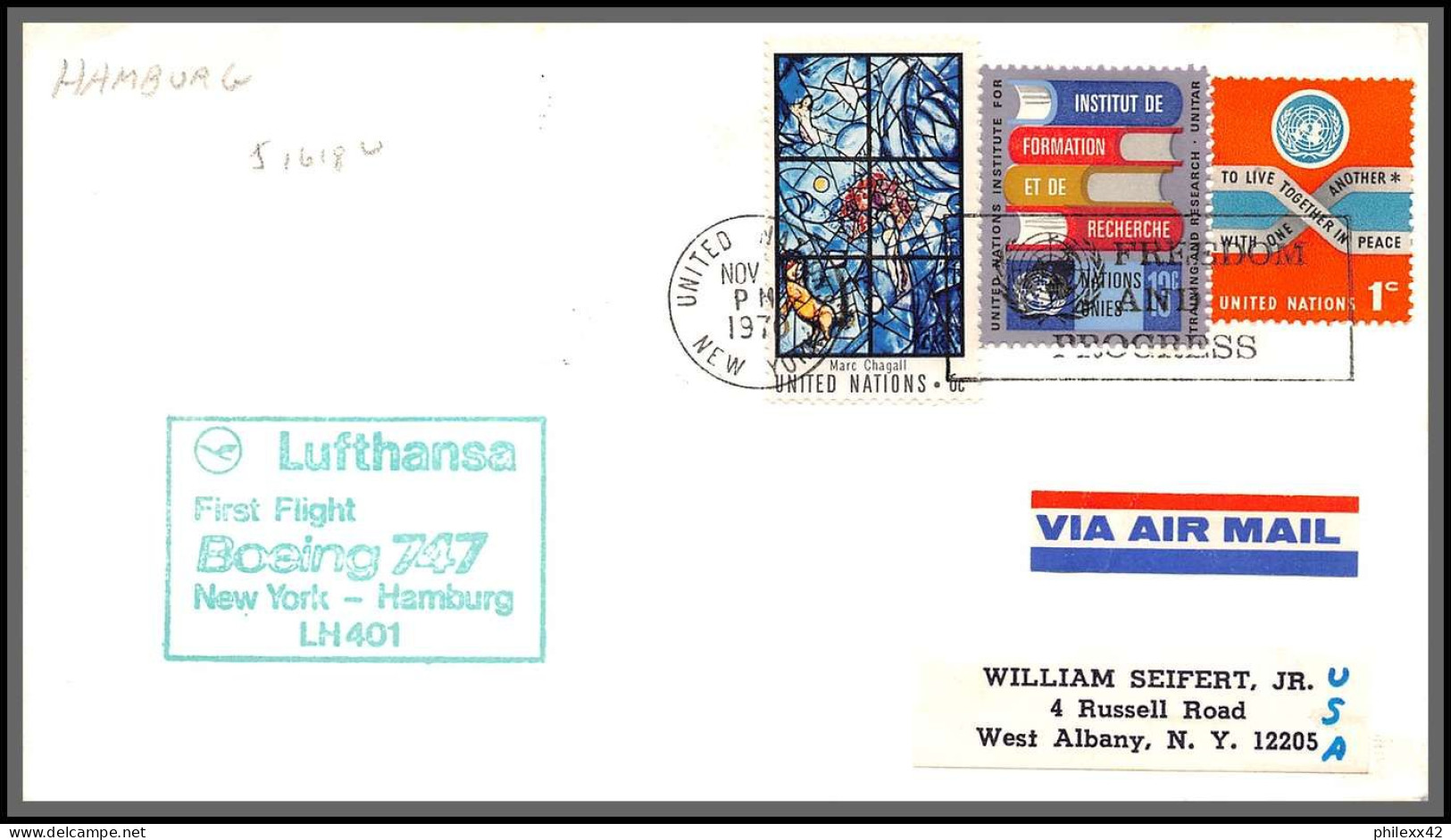 12646 Lufthansa Boing 747 1/11/1970 Premier Vol First Flight Lettre Airmail Usa New York Hamburg Germany United Nations - Airplanes