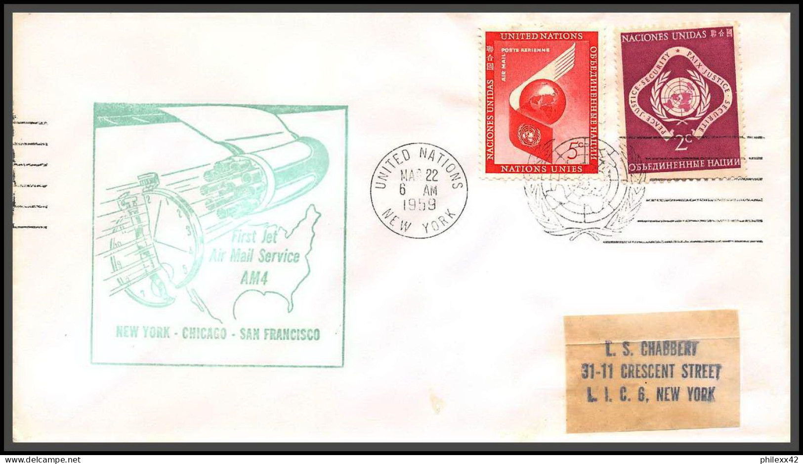 12644 Am 4 22/3/1959 Premier Vol First Flight Lettre Airmail Cover Usa New York Chicago San Francisco United Nations - Aviones
