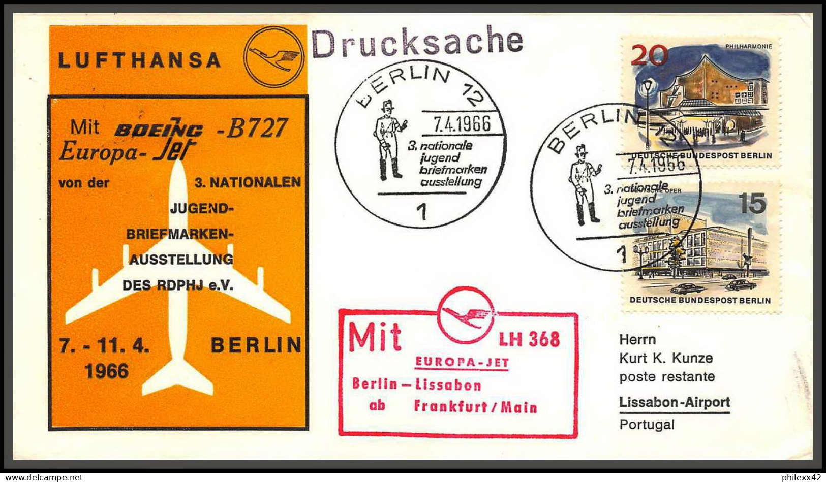 12666 Lufthansa Boeing B727 7/4/1966 Berlin Libone Portugal Premier Vol First Flight Lettre Airmail Allemagne Germany - Airplanes