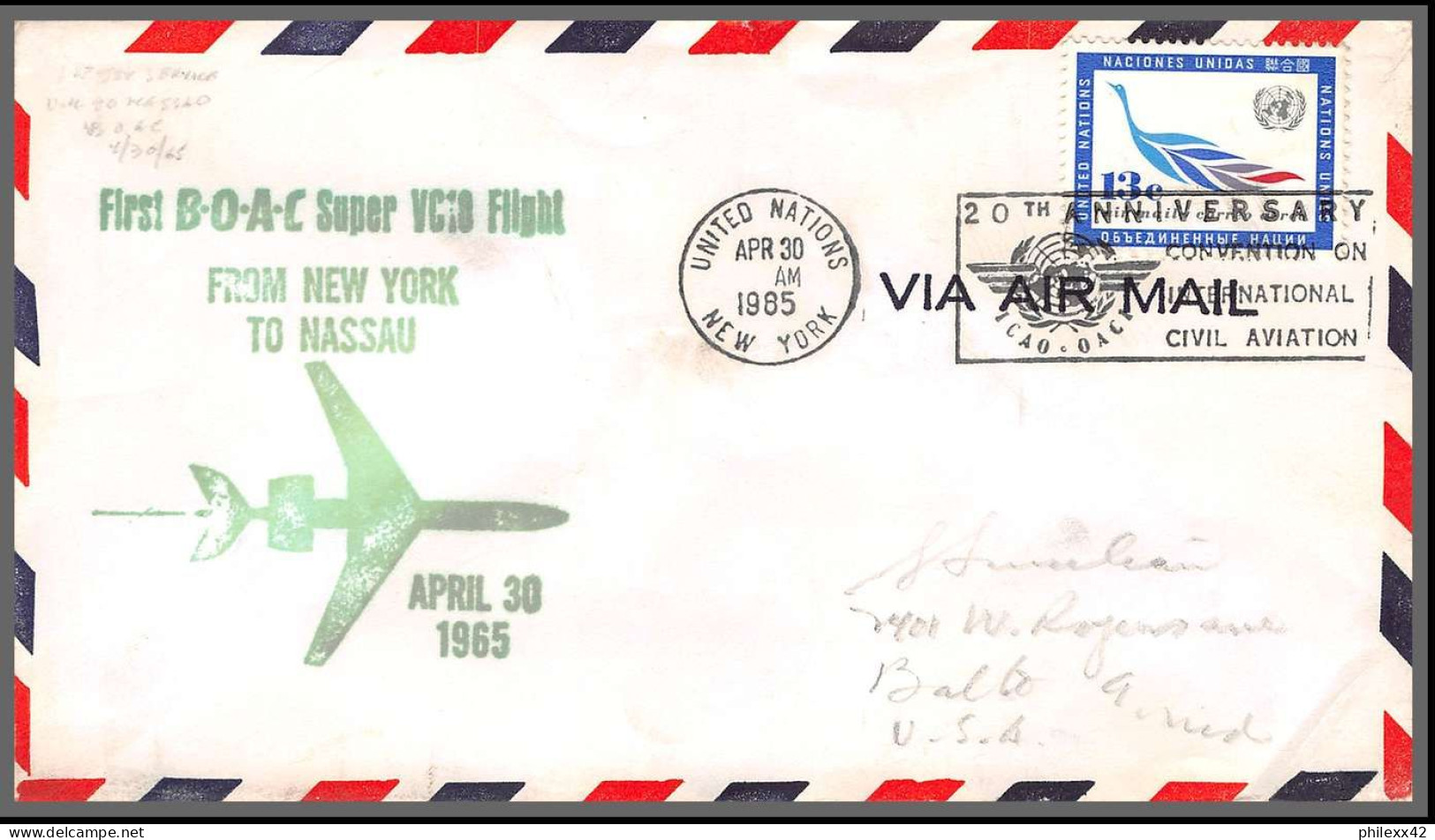12649 30/7/1985 Premier Vol First Boac Super Vc 10 Flight Lettre Airmail Usa New York Nassau Bahamas United Nations - Aviones