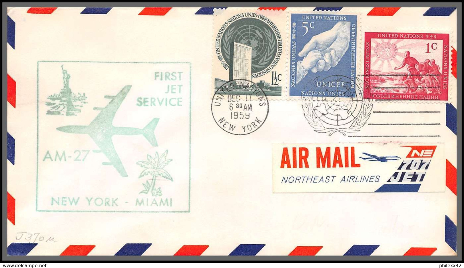 12629 Am 27 New York Miami 11/12/1959 Premier Vol First Flight Lettre Airmail Cover Usa United Nations Aviation - Aviones