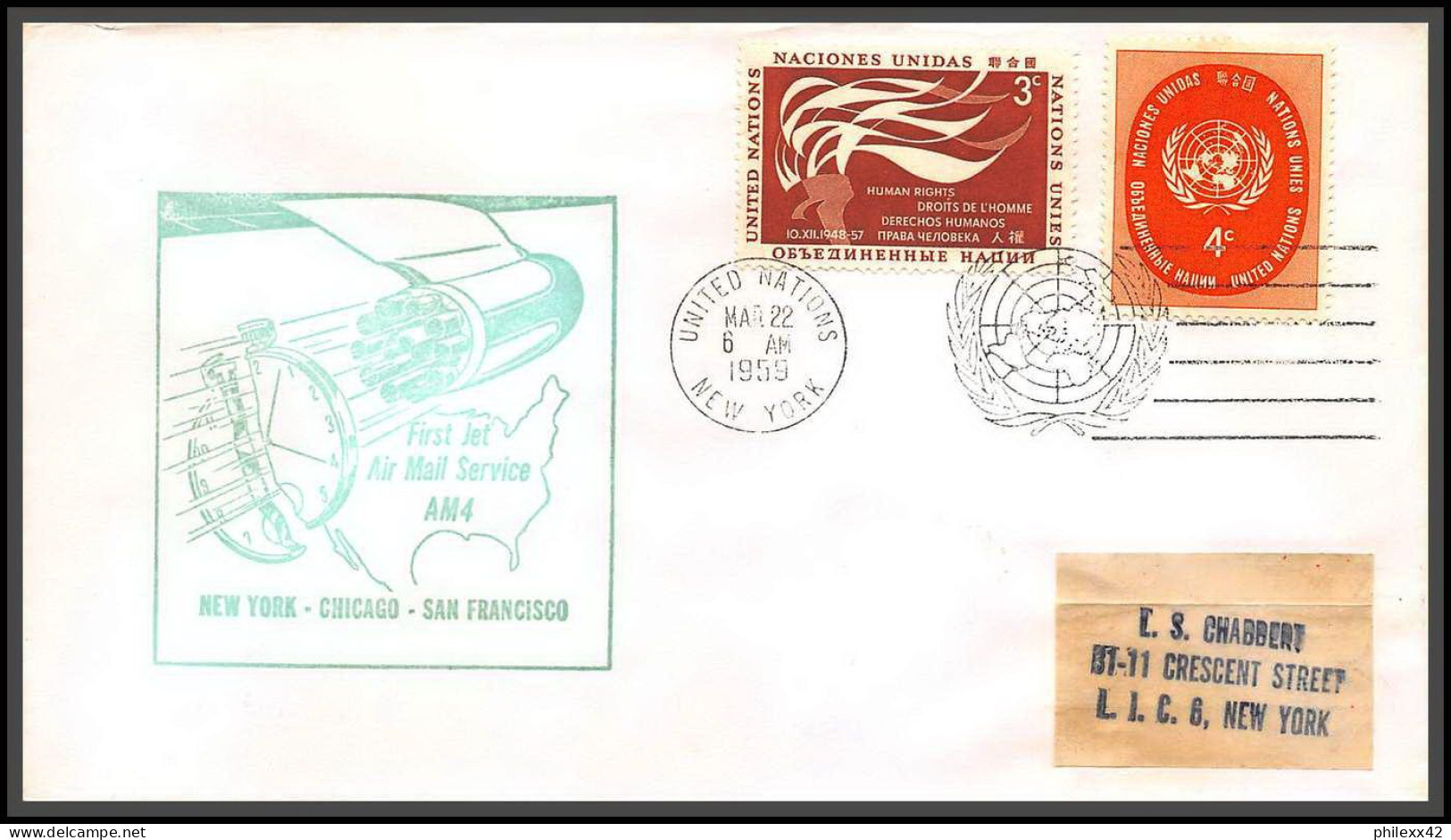 12641 Am 4 22/3/1959 Premier Vol First Flight Lettre Airmail Cover Usa New York Chicago San Francisco United Nations - Airplanes