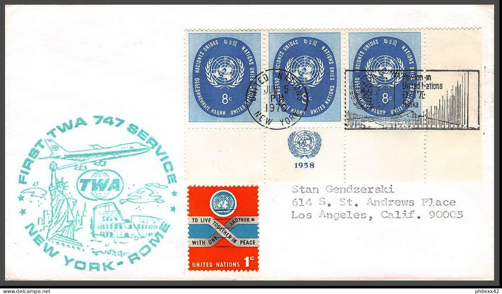 12632 Twa 747 5/6/1970 Premier Vol First Flight Lettre Airmail Cover Usa New York Rome United Nations Aviation - Aviones