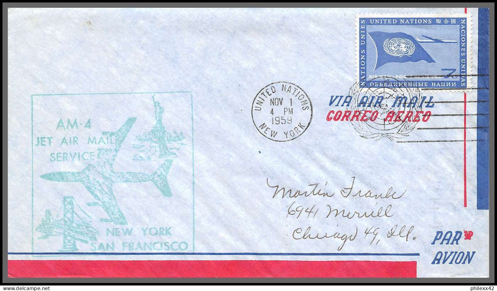 12630 Am-4 1/11/1959 Premier Vol First Flight Lettre Airmail Cover Usa New York San Francisco United Nations Aviation - Aviones