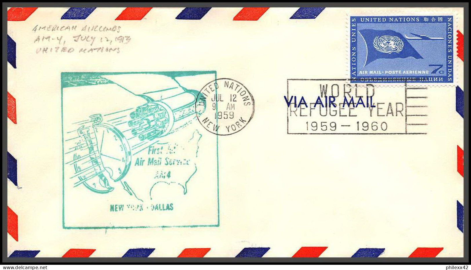 12635 Am 4 12/7/1959 Premier Vol First Flight Lettre Airmail Cover Usa New York Dallas United Nations Aviation - Airplanes