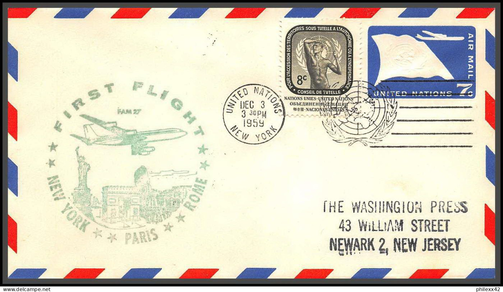 12626 Fam 27 New York Paris Rome 3/12/1959 Premier Vol First Flight Airmail Entier Stationery New York United Nations - Airplanes