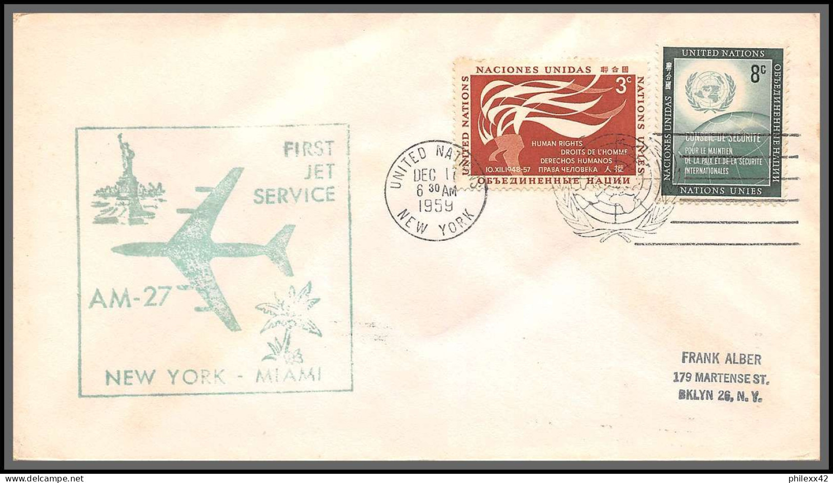 12628 Am 27 New York Miami 11/12/1959 Premier Vol First Flight Lettre Airmail Cover Usa United Nations Aviation - Aviones