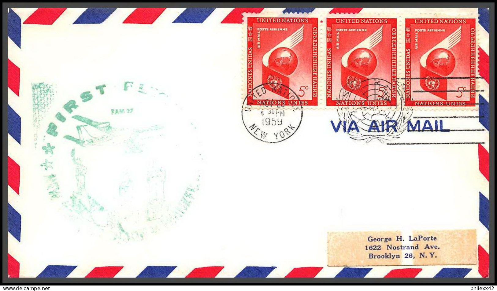 12625 Fam 27 New York Paris Rome 2/12/1959 Premier Vol First Flight Lettre Airmail Usa New York United Nations - Aviones