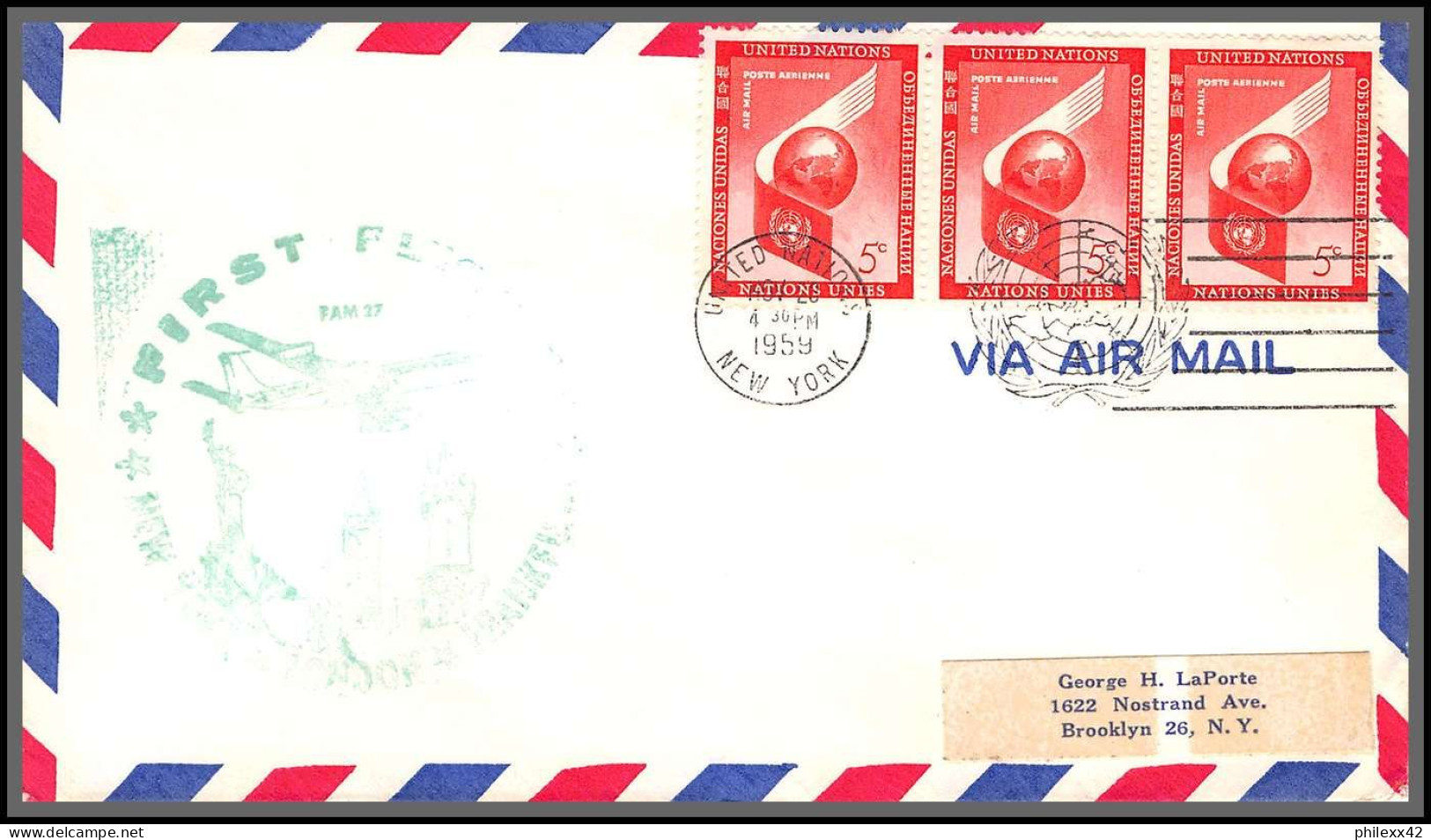 12624b Fam 27 New York London Frankfurt 23/11/1959 Premier Vol First Flight Lettre Airmail Usa New York United Nations - Aviones