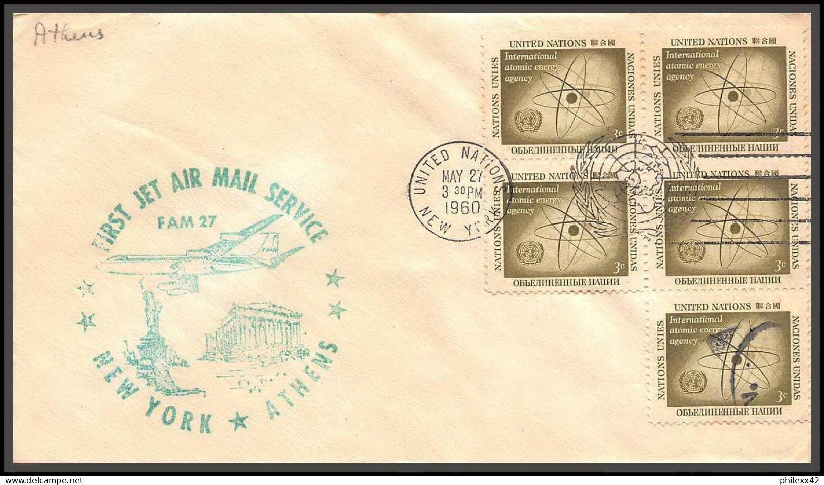 12623 Fam 27 New York Athens Greece 27/5/1960 Premier Vol First Flight Lettre Airmail Cover Usa New York United Nations  - Aviones