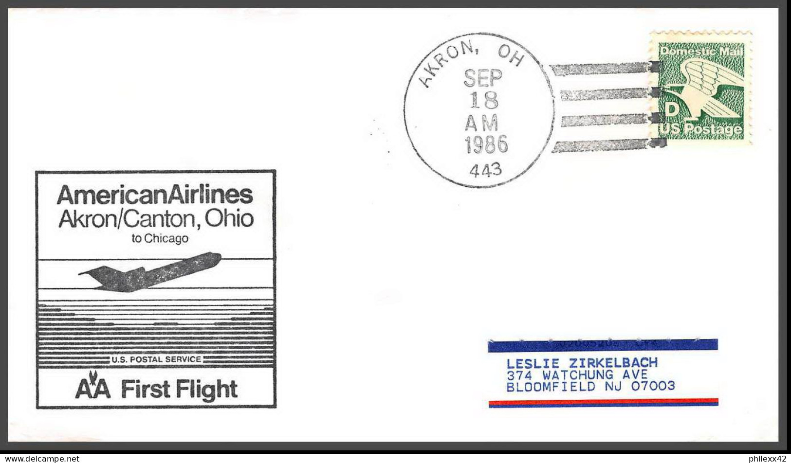 12615 American Airlines Akron Canton Ohio 18/9/1986 Premier Vol First Flight Lettre Airmail Cover Usa Aviation - 3c. 1961-... Covers
