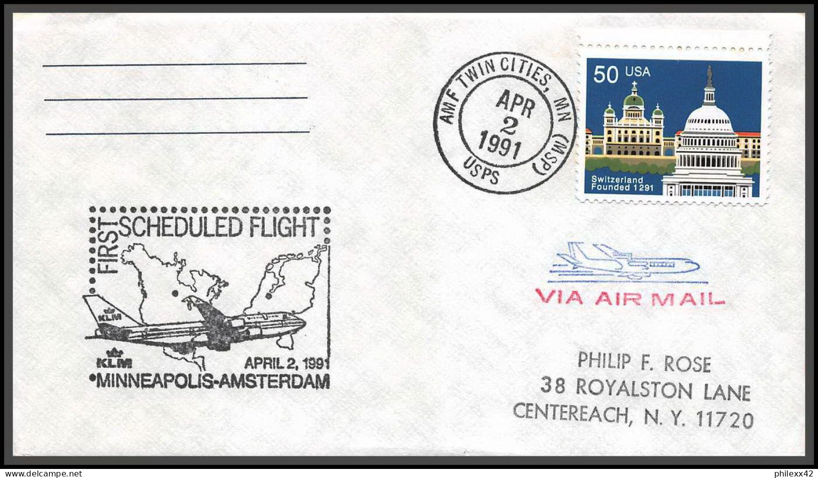 12618 Cachet Noir Klm Minneapolis Amsterdam 2/4/1991 Premier Vol First Scheduled Flight Lettre Airmail Cover Usa  - 3c. 1961-... Lettres