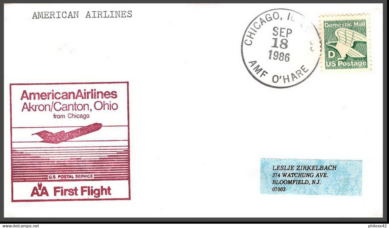 12614 American Airlines Akron Canton Ohio 18/9/1986 Premier Vol First Flight Lettre Airmail Cover Usa Aviation - 3c. 1961-... Cartas & Documentos