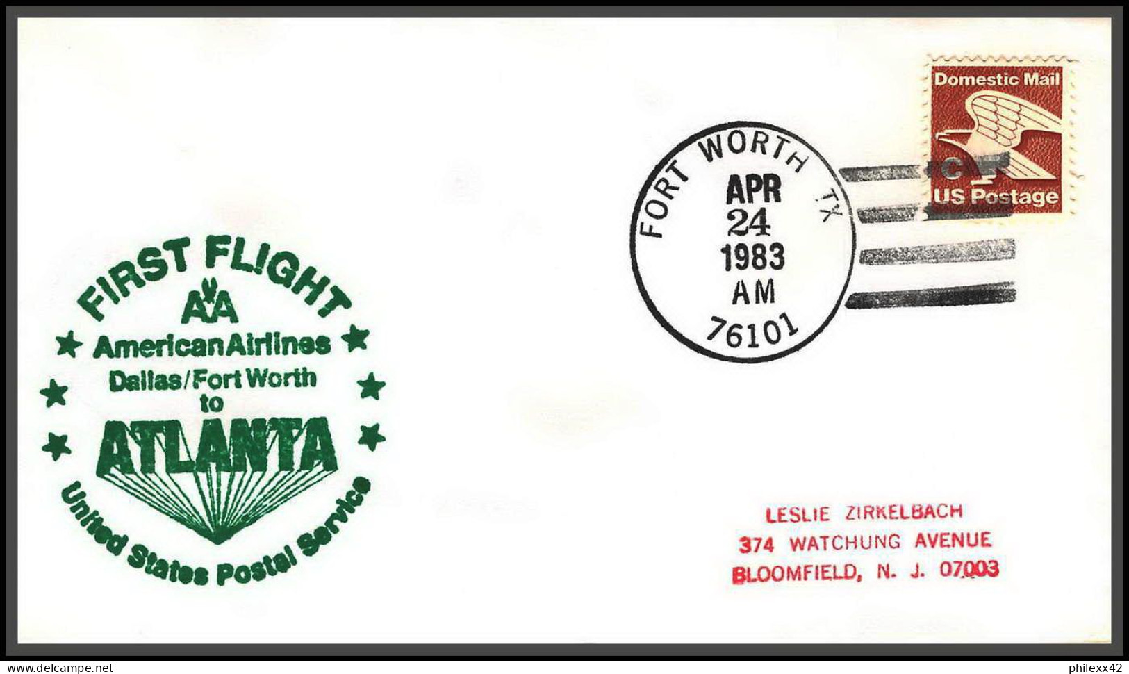 12607 American Airlines Dallas Fort Worth To Atlanta 24/4/1983 Premier Vol First Flight Lettre Airmail Cover Usa  - 3c. 1961-... Briefe U. Dokumente