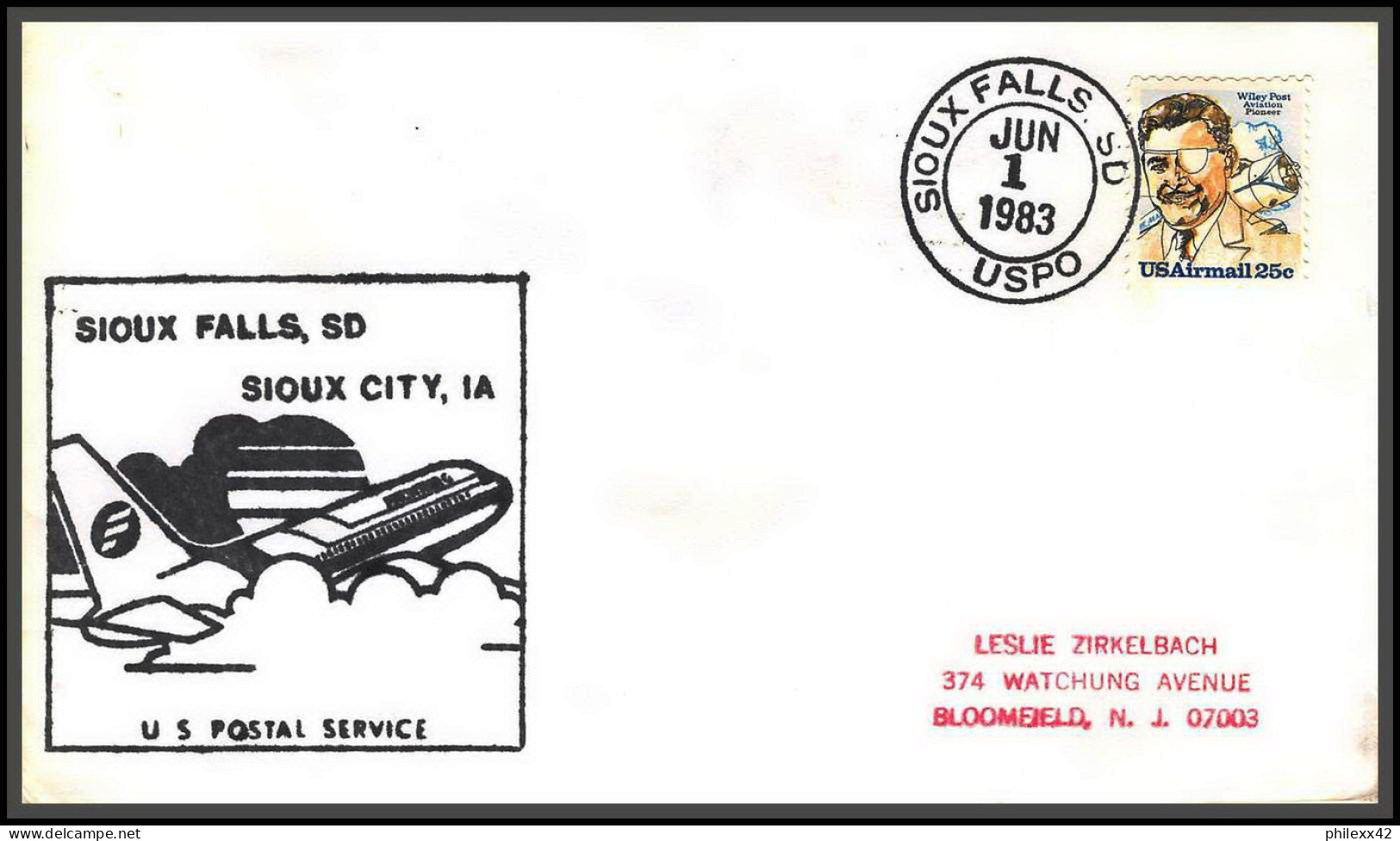 12608 Sioux Falls 1/6/1983 Premier Vol First Flight Lettre Airmail Cover Usa Aviation - 3c. 1961-... Briefe U. Dokumente
