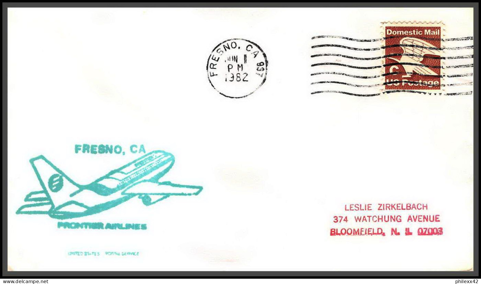 12604 Fresno Frontier Airlines 1/6/1982 Premier Vol First Flight Lettre Airmail Cover Usa Aviation - 3c. 1961-... Lettres