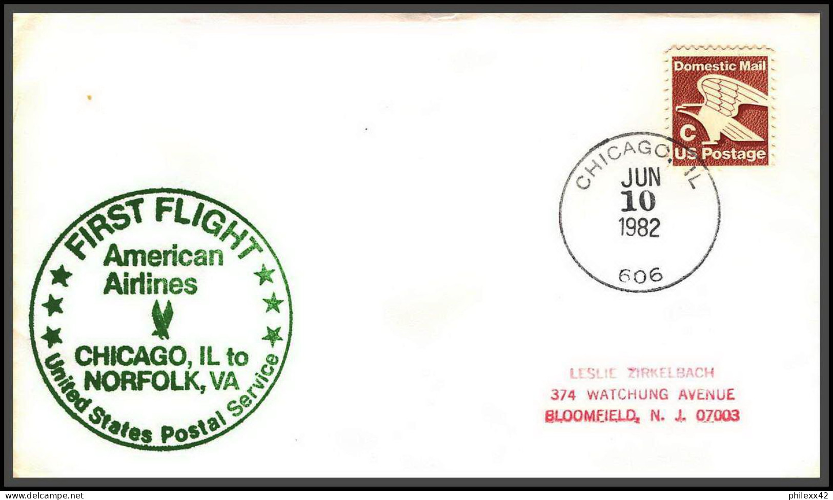 12602 American Airlines Chicago Norfolk 10/6/1982 Premier Vol First Flight Lettre Airmail Cover Usa Aviation - 3c. 1961-... Brieven