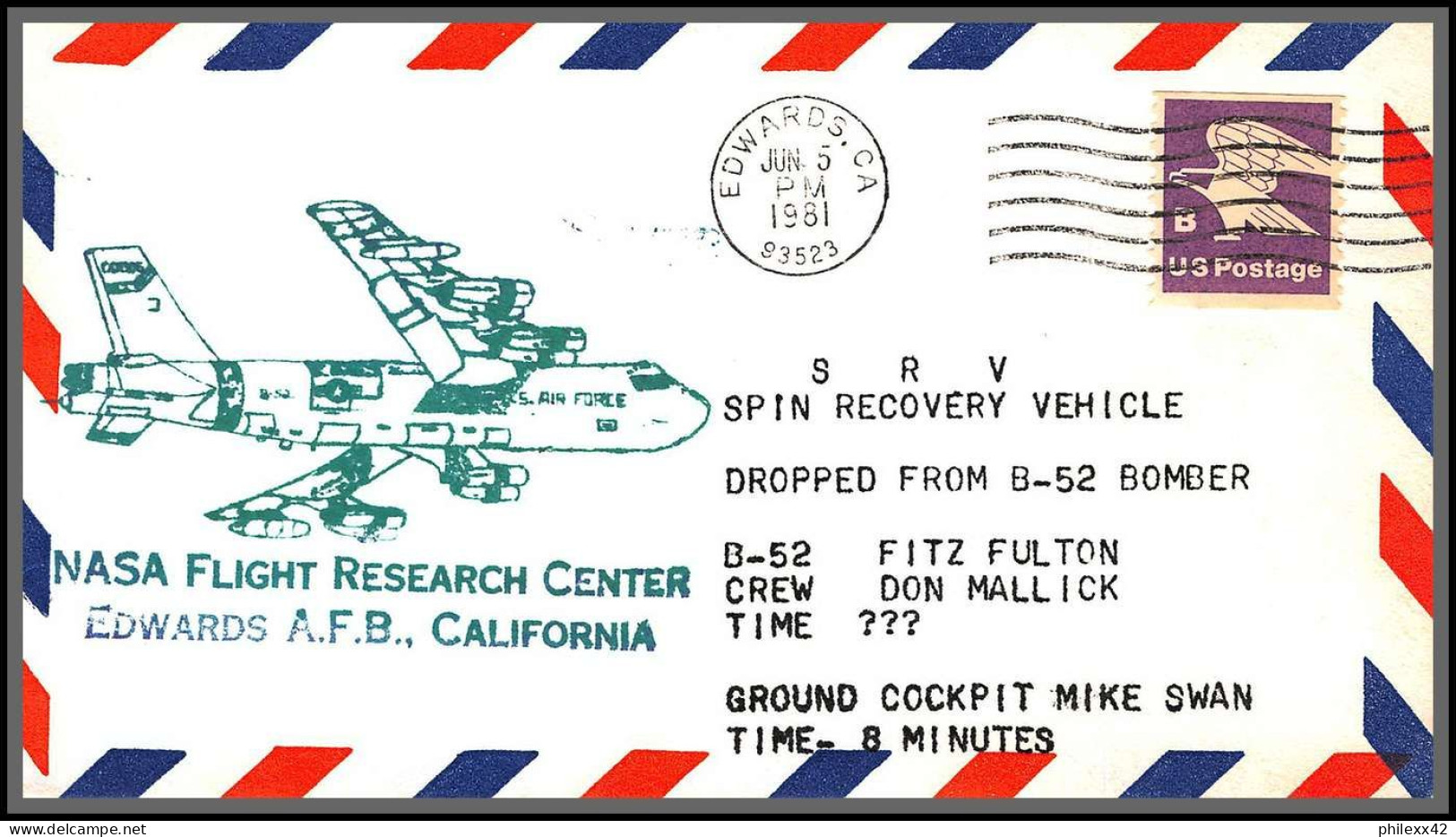 12600 Spin Recovery Vehicle Srv Aircraft Edwards Nasa 5/6/1981 Espace (space) Lettre Airmail Cover Usa Aviation - 3c. 1961-... Covers