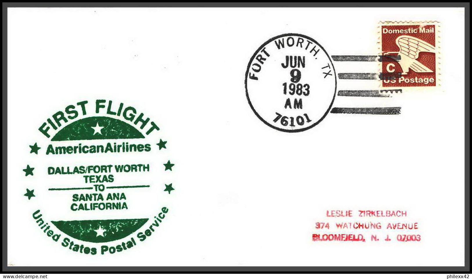 12606 American Airlines Dallas Fort Worth To Santa Ana 9/6/1983 Premier Vol First Flight Lettre Airmail Cover Usa  - 3c. 1961-... Cartas & Documentos