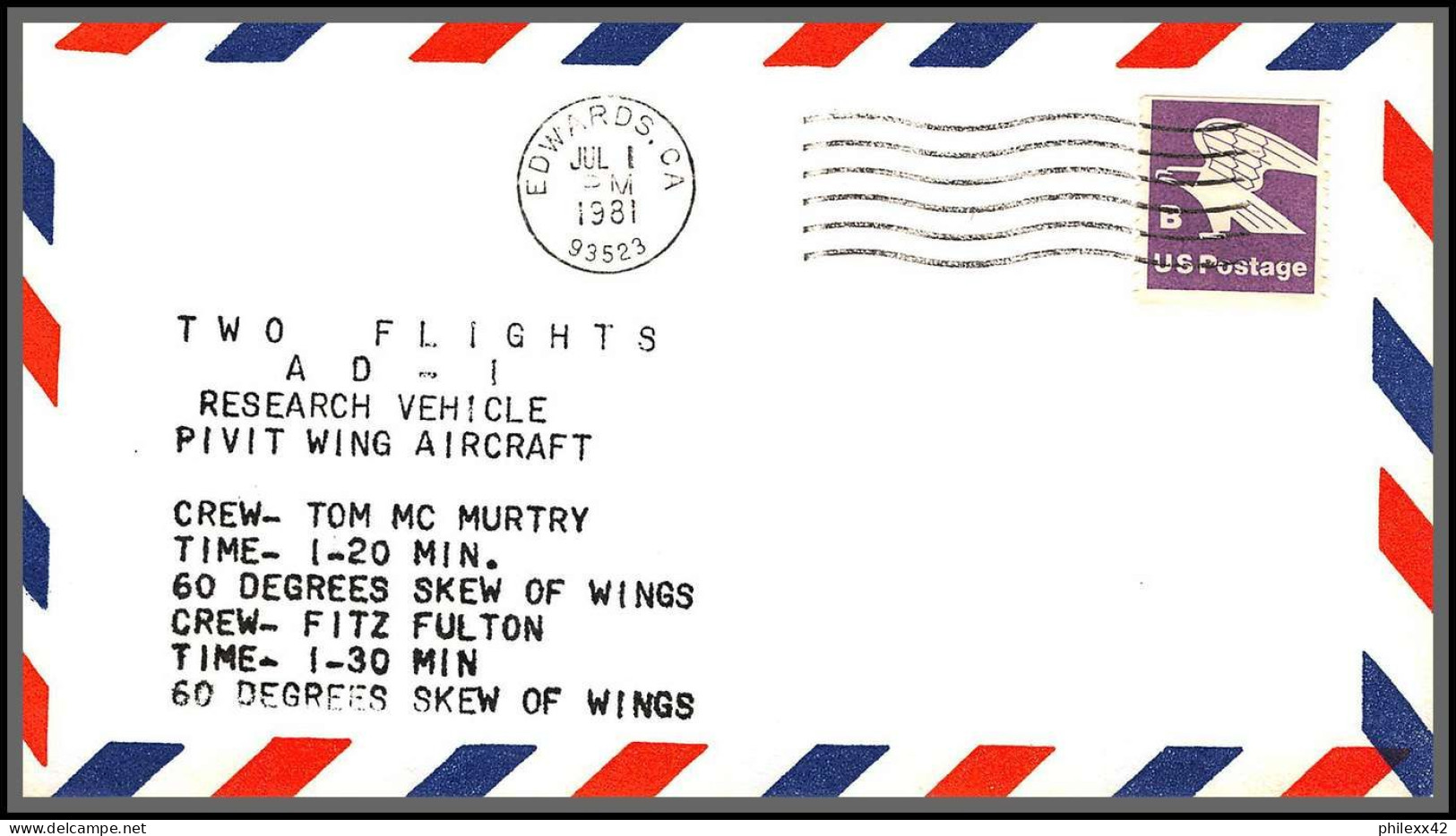 12597 2 Flights Ad-1 Aircraft Edwards Nasa Espace (space) 1/7/1981 Lettre Cover Usa  - 3c. 1961-... Briefe U. Dokumente