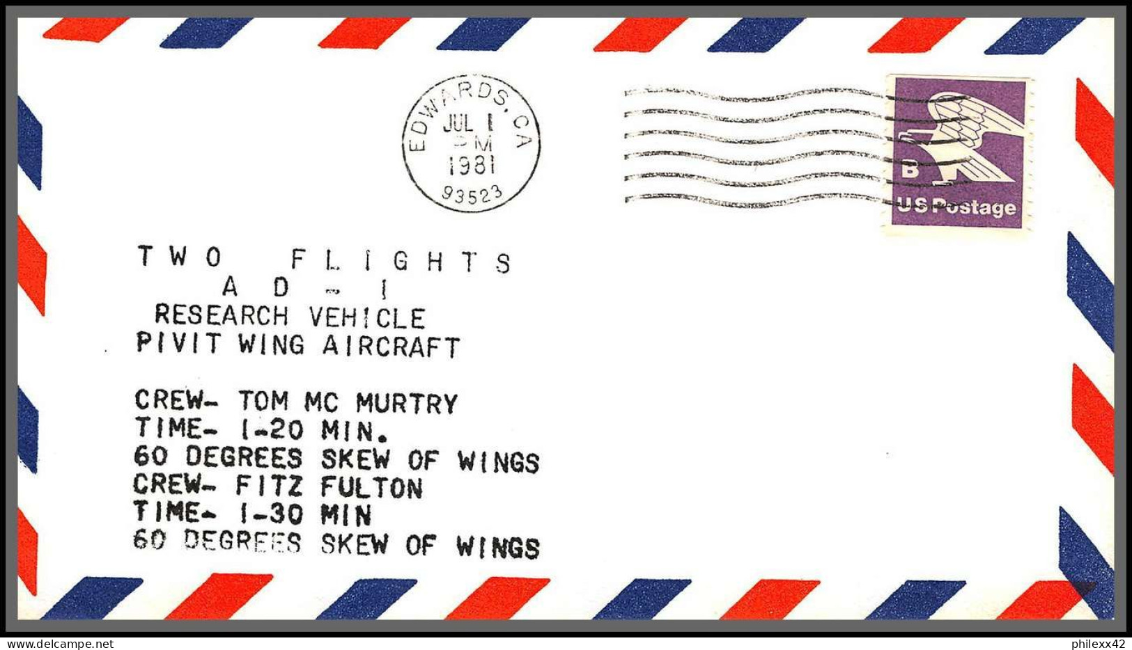 12597 2 Flights Ad-1 Aircraft Edwards Nasa Espace (space) 1/7/1981 Lettre Cover Usa  - 3c. 1961-... Storia Postale