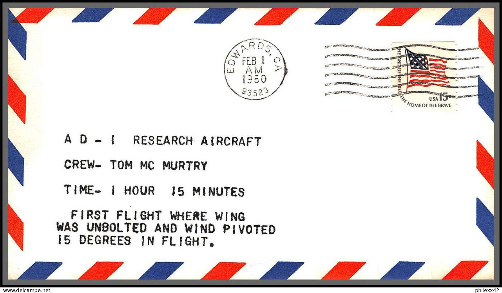 12592 Edwards Nasa Espace (space) Aircraft Ad-1 1/2/1980 Lettre Cover Usa - 3c. 1961-... Covers