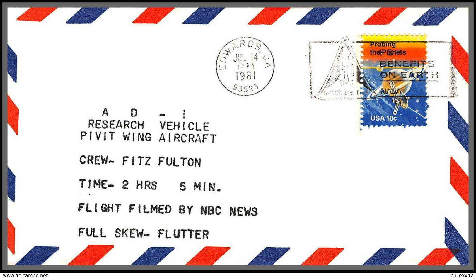 12598 Ad-1 Aircraft Edwards Nasa Espace (space) 14/7/1981 Lettre Cover Usa - 3c. 1961-... Lettres